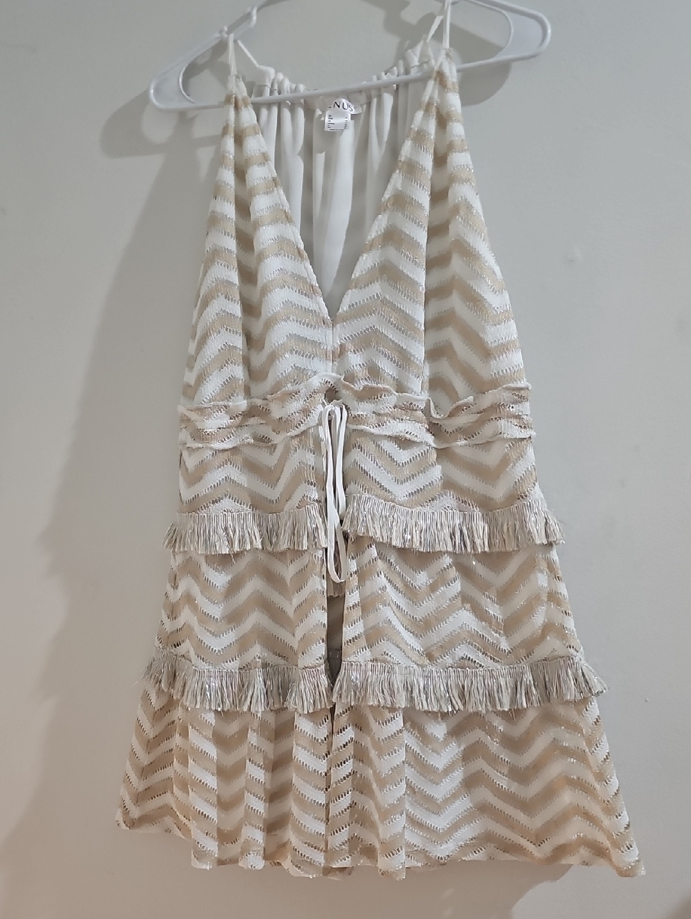 VENUS NWOT White & Tan Sleeveless Dress with Gathered V Neckline FRINGE